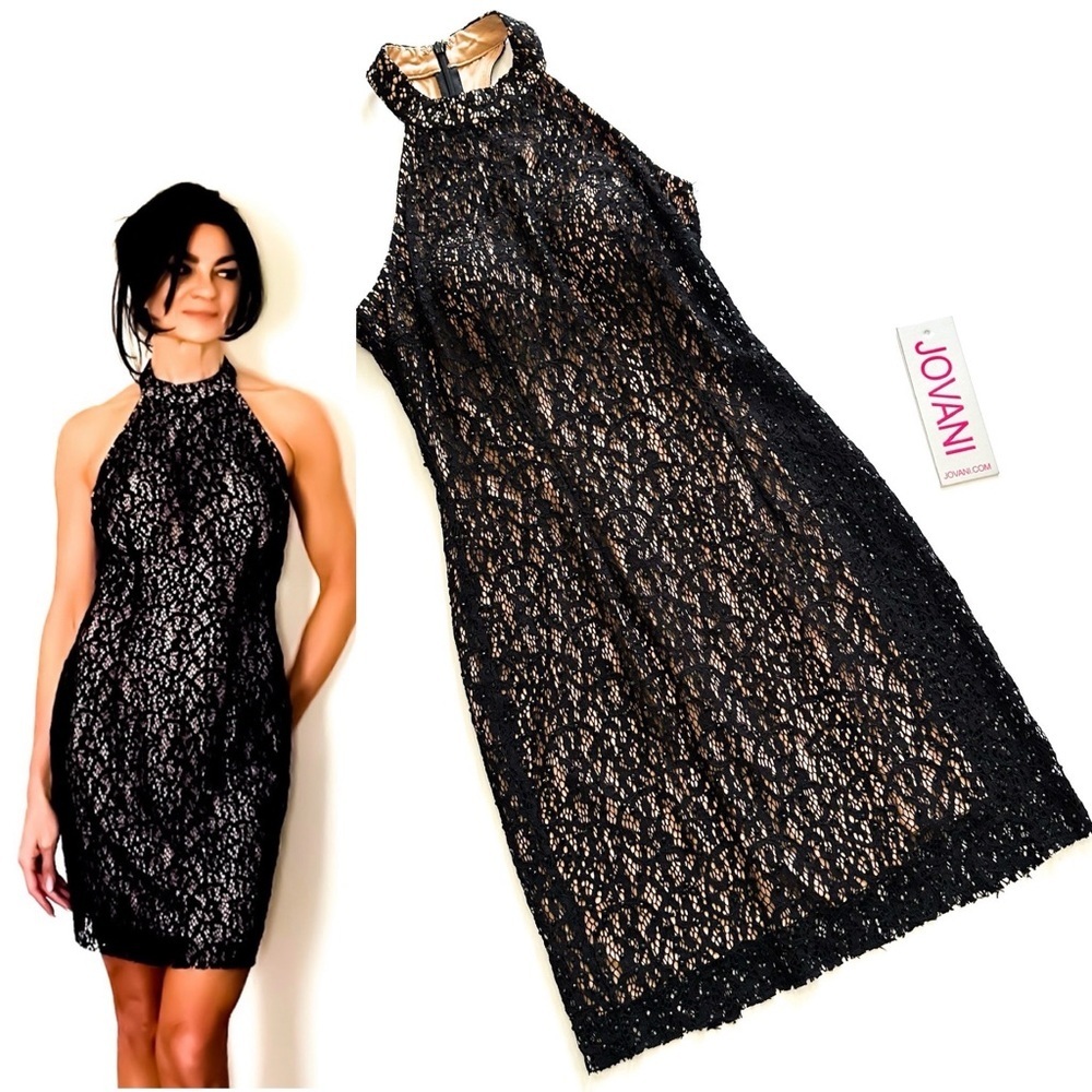 Jovani Black Beaded Nude Illusion Halter Cocktail Dress 2 NWDT